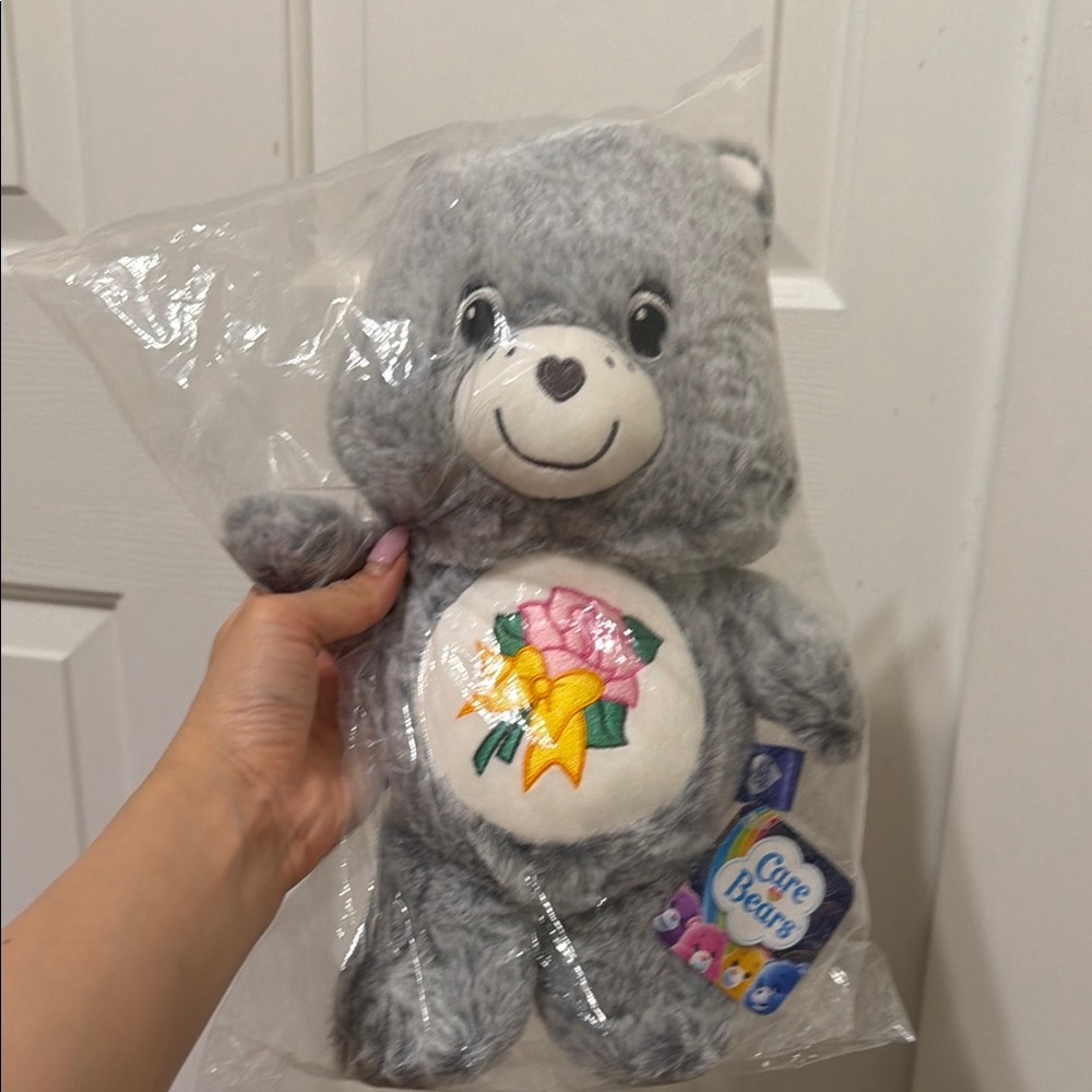 Care Bears Gray Plush with Pink Rose and Yellow Bow Belly Badge